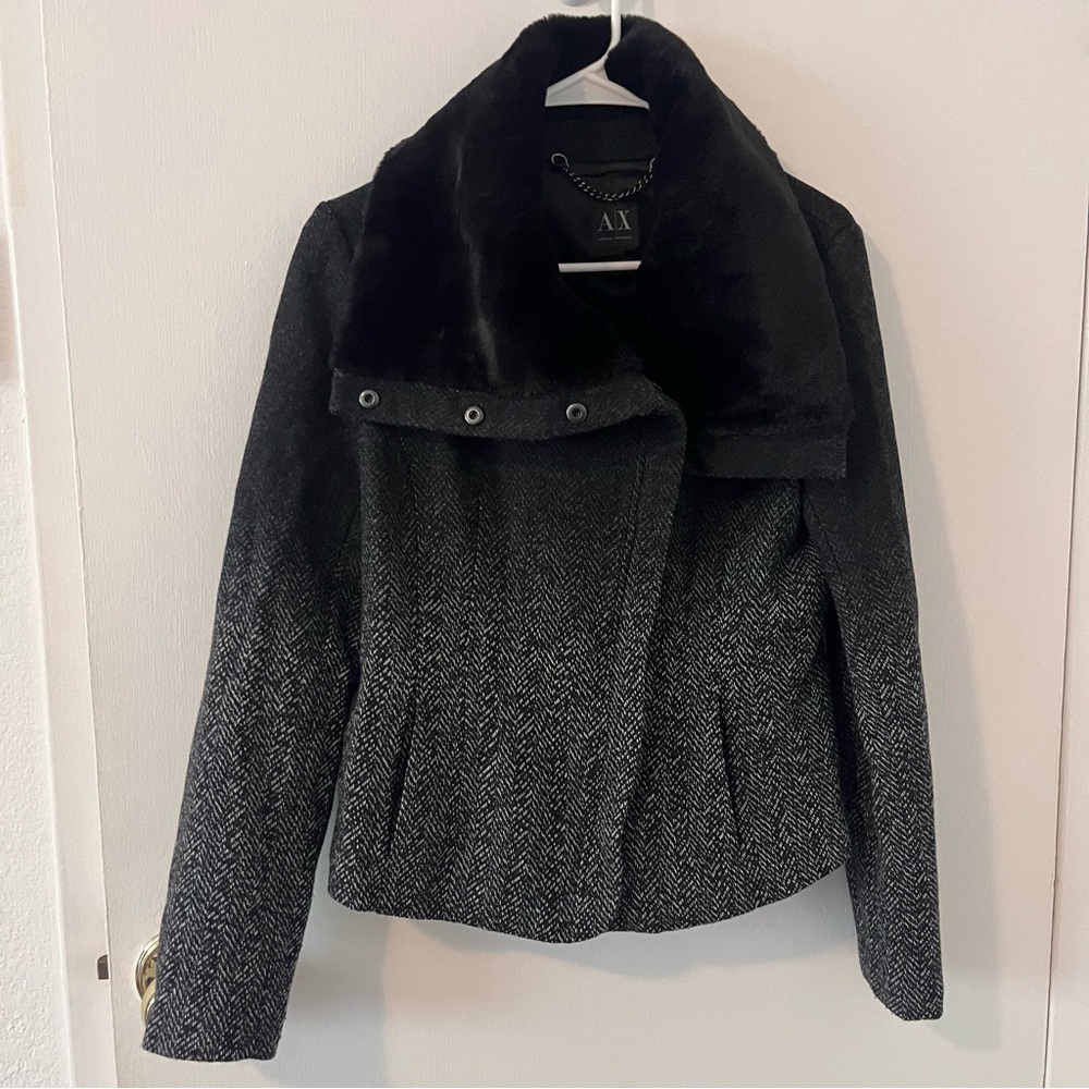 Armani Exchange Black Ombré Faux Fur Collar Fitted Wool Blend Moto Jacket Medium